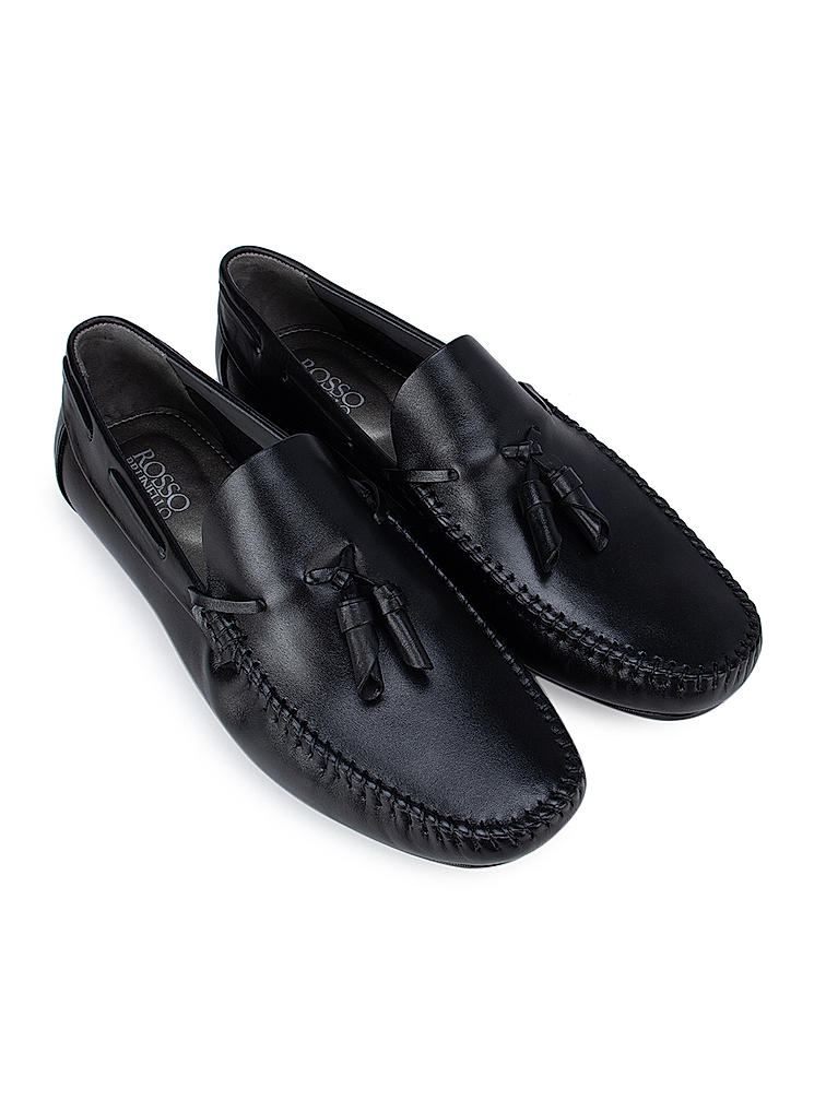 Black Tassel Leather Moccasins